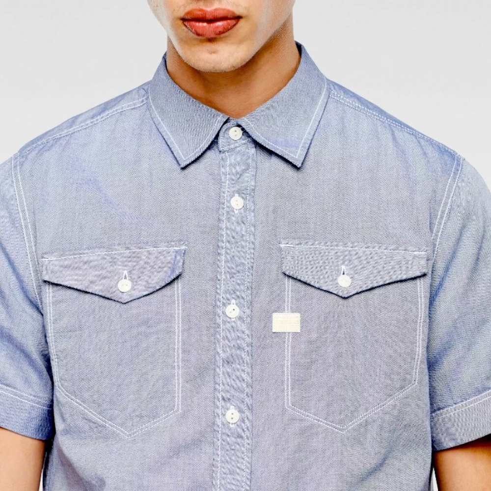 G Star RAW Tacoma Short Sleeve Oxford Button Down LARGE Slim Fit Blue